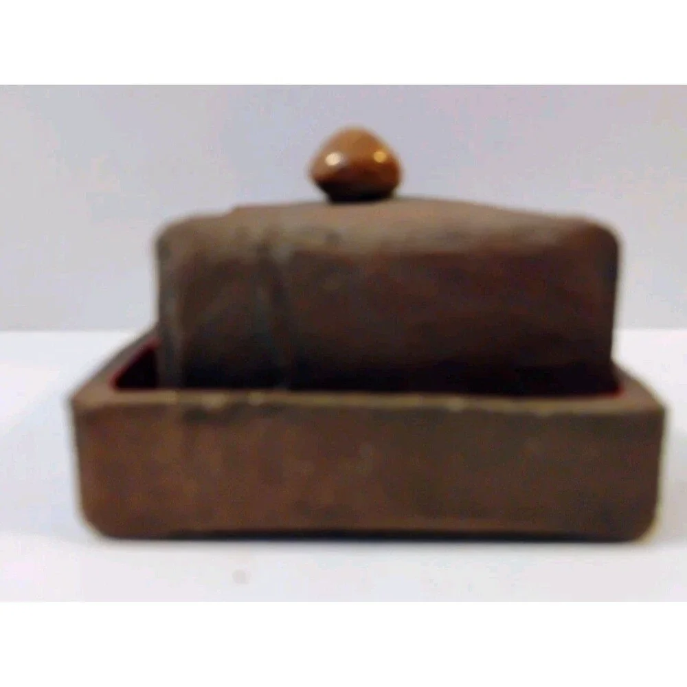 Vintage Studio Pottery Butter Dish Faux Bois Wood Bark Ceramic Covered Box Red